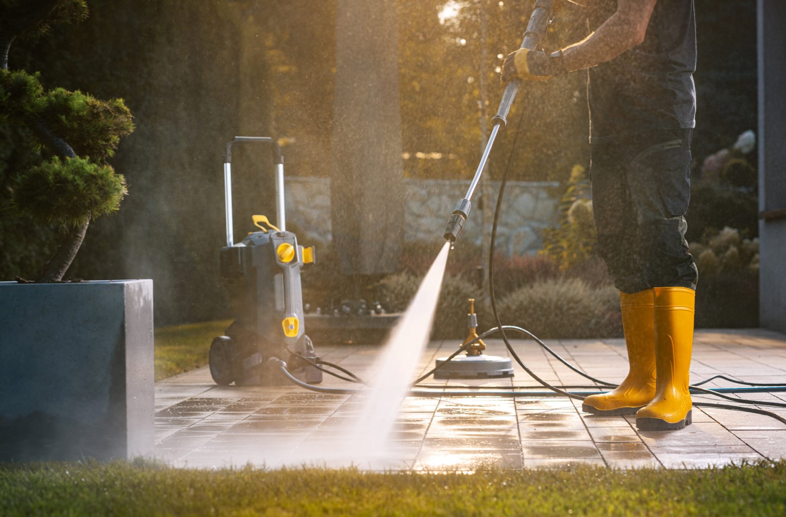 a person power washing a patio with a pressure washer in a sunny outdoor setting